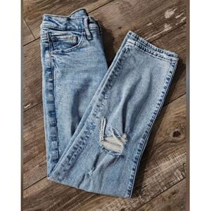 EXPRESS Straight Leg Ankle High Rise Light Wash Denim w/ Holes Distress Size 0